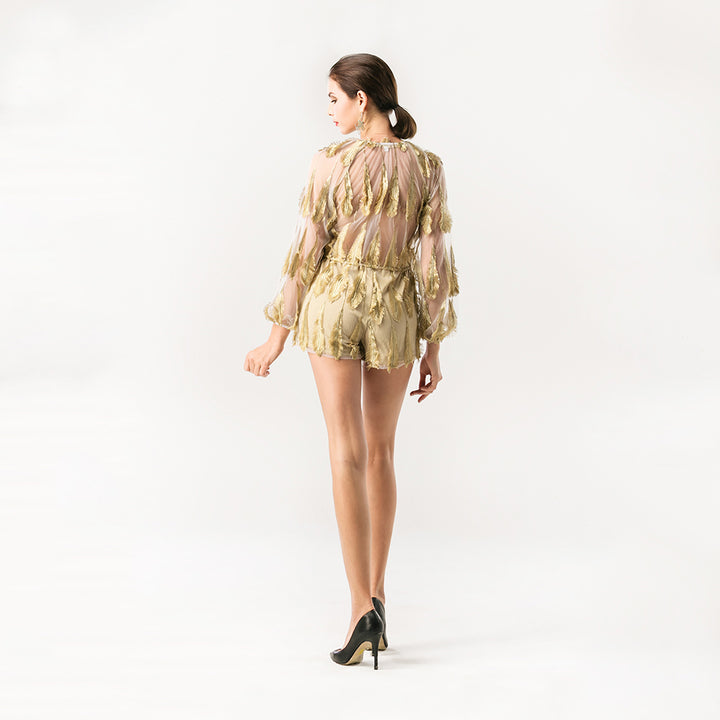 Feathered Mesh Play Suit in Black or Nude