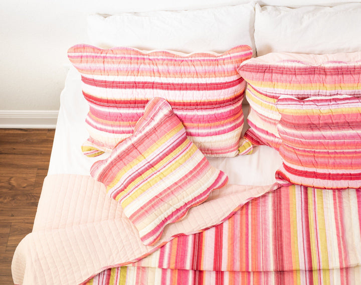 Happy Stunning Stripes Red & Pink Scalloped Coverlet Bedspread Set