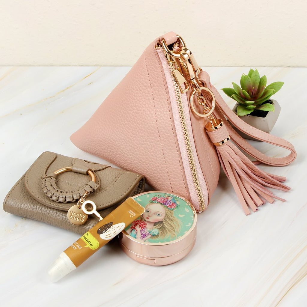 Pyramid Shape Tassel Wristlet Leather Bag
