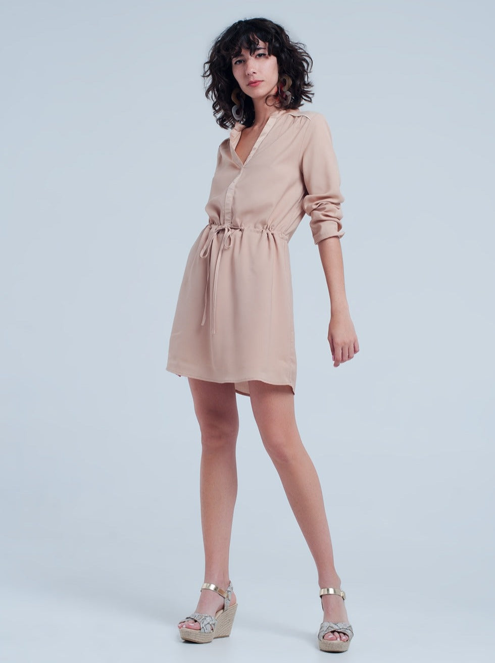 Beige Tie Waist Shirt Mini Dress