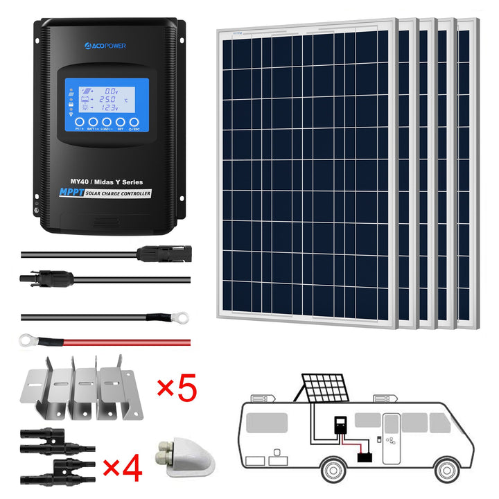 ACOPOWER 500W 12V  Poly Solar RV Kits, 40A MPPT Charge Controller