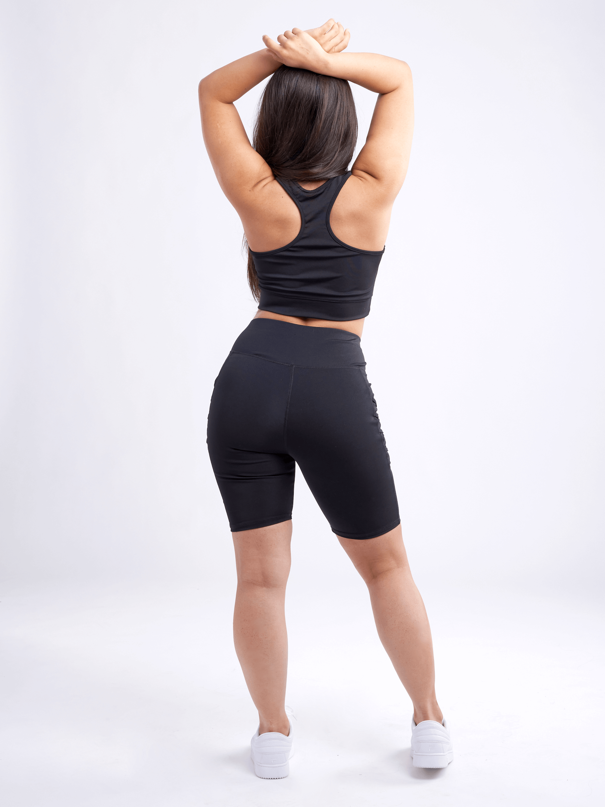 High-Waisted Workout Shorts with Pockets with Criss Cross Design