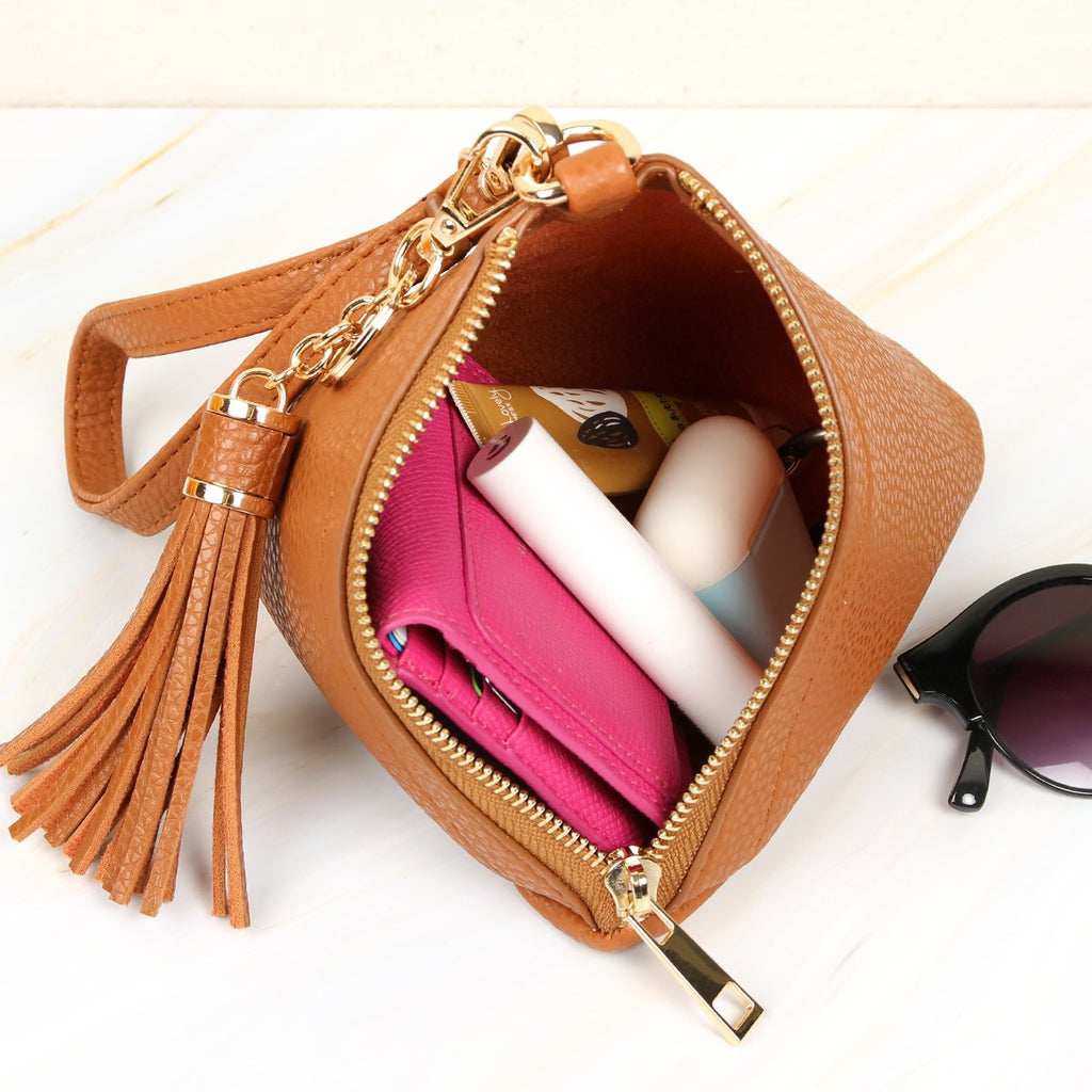 Pyramid Shape Tassel Wristlet Leather Bag