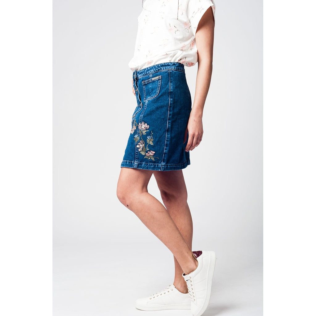 Denim Skirt with Flower Embroidery and Front Buttons