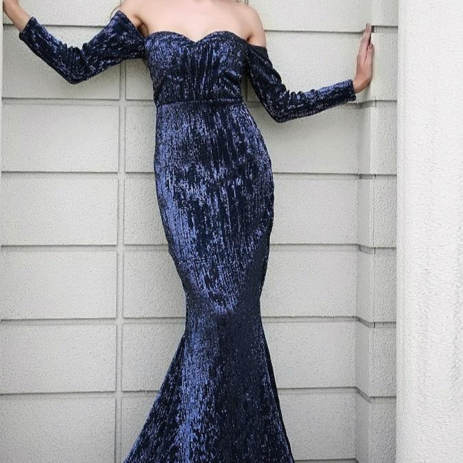 Navy Off Shoulder Sequin Cocktail Gown