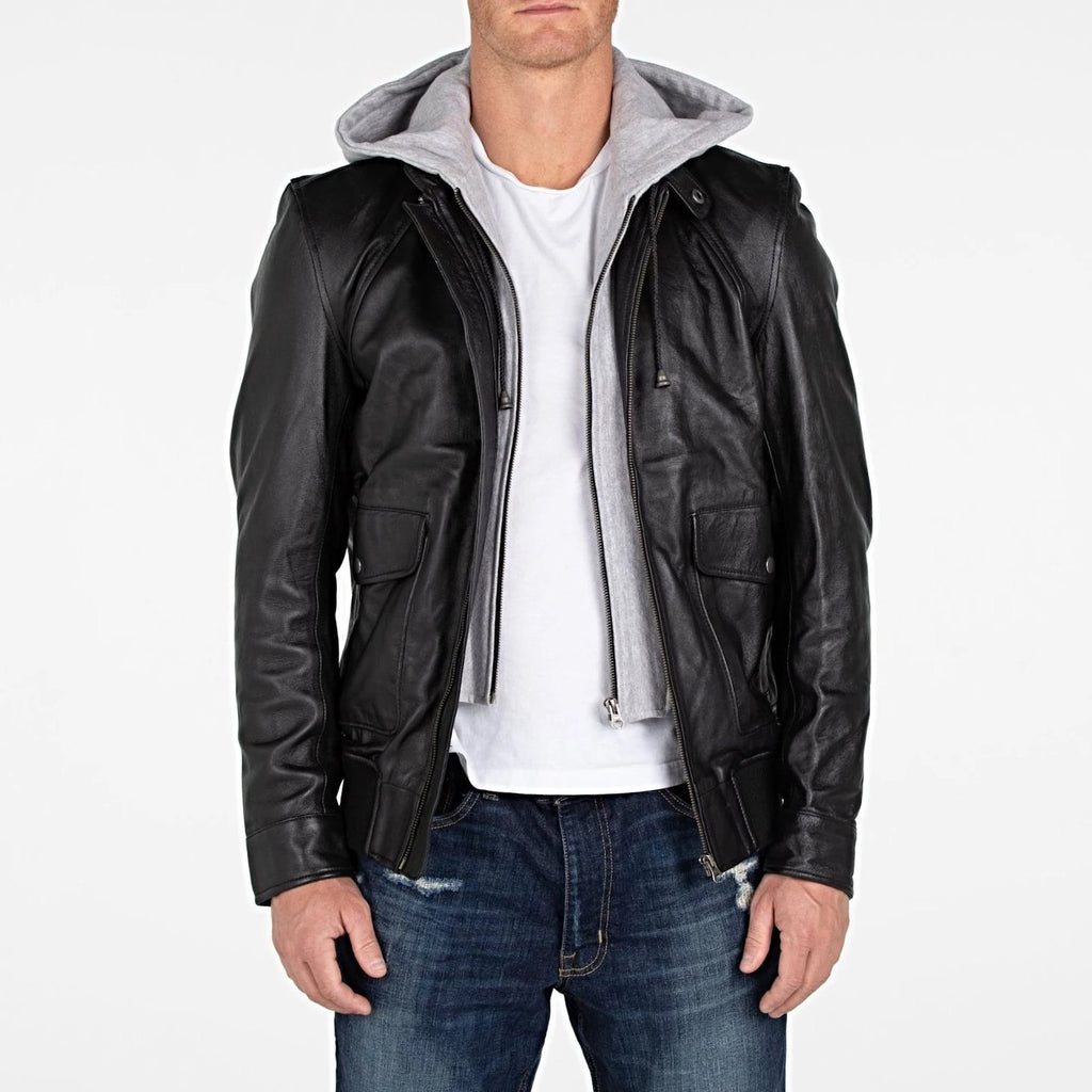 Men's Lambskin Hooded Leather Bomber Jacket