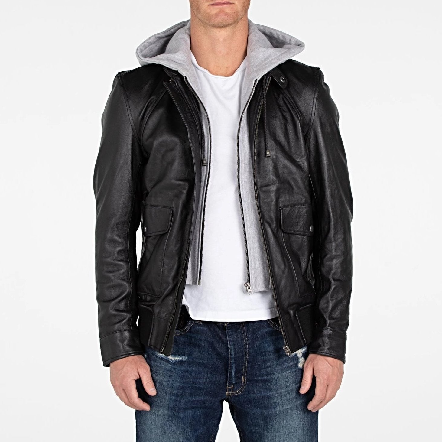 Men's Lambskin Hooded Leather Bomber Jacket