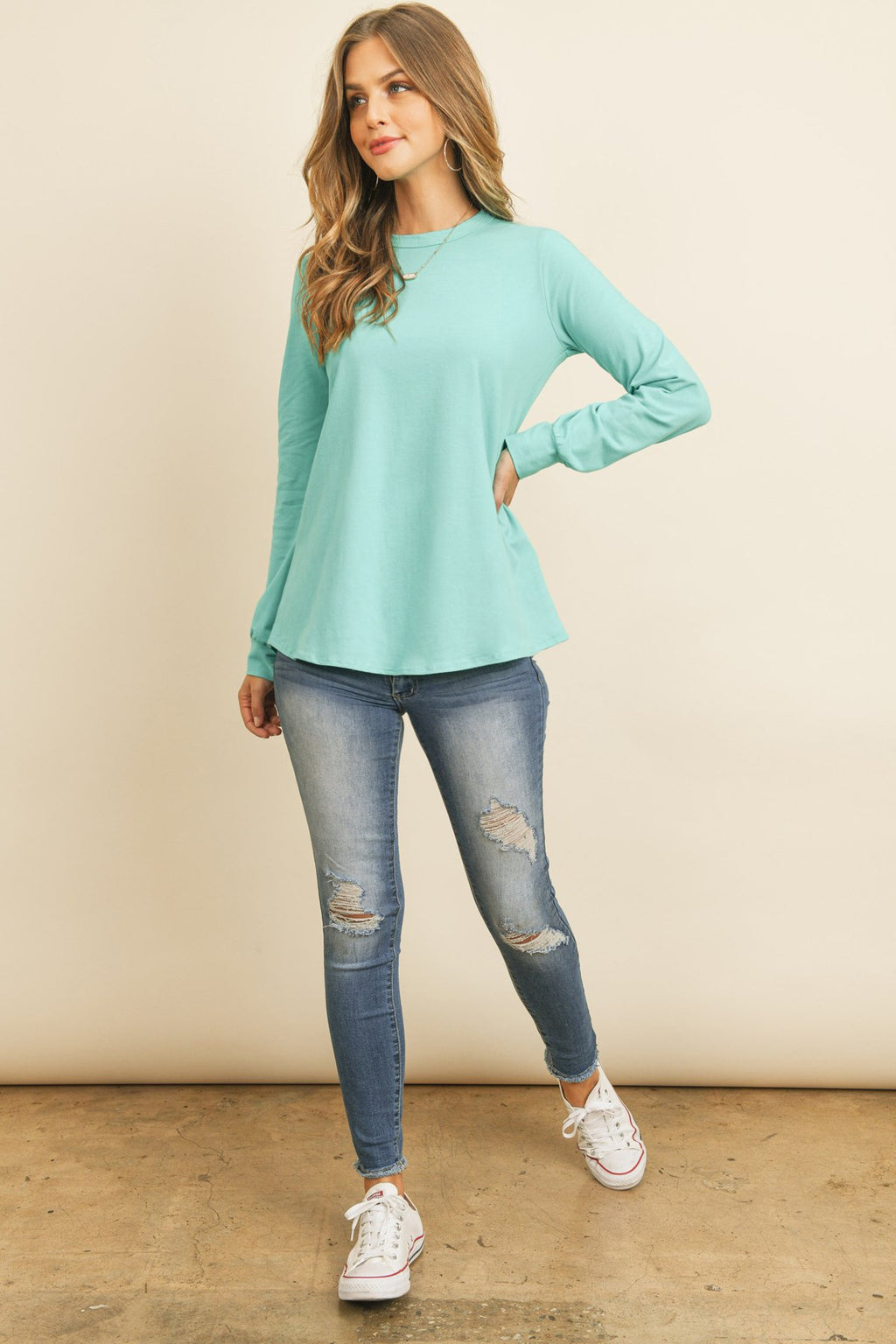 Long Sleeve Round Neck Solid Top