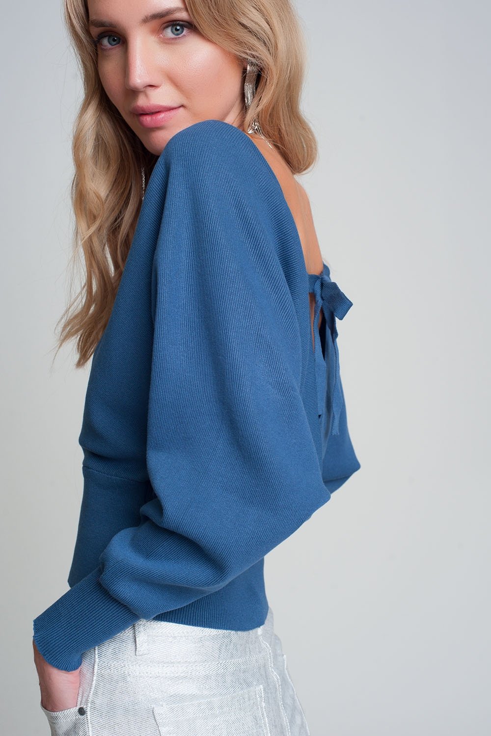 Knitted Sweater with Wrapped V-Neck in Blue