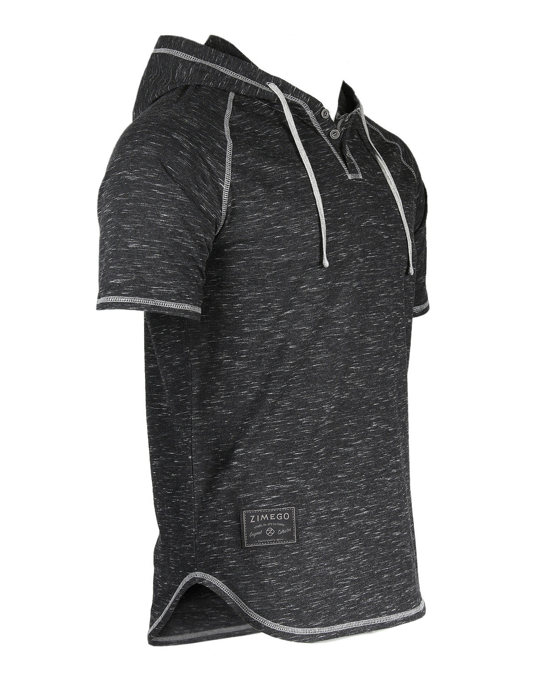 Short Sleeve Raglan Henley Hoodie Round Bottom Semi Longline T-Shirt