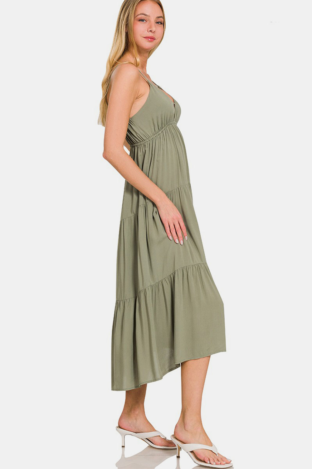 Olive Woven Tiered Cami Midi Dress
