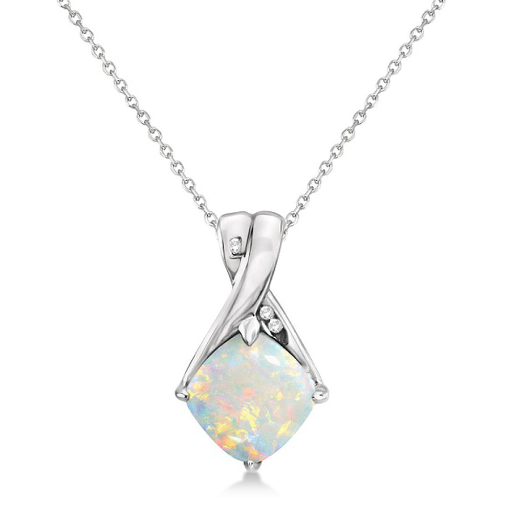 Diamond and Cushion Opal Pendant Necklace 14k White Gold (1.36 Ct)