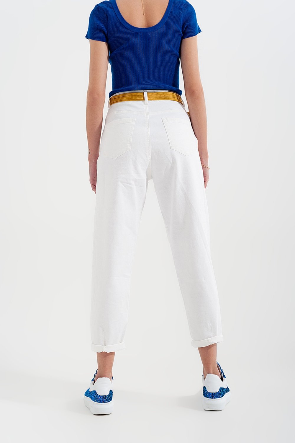 High Rise Mom Jeans with Pleat Front in White