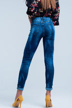Blue Wrinkled High Waist Skinny Jeans