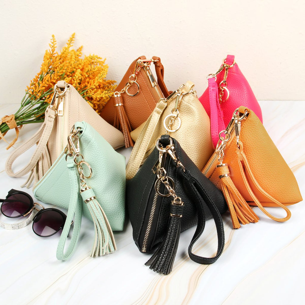 Pyramid Shape Tassel Wristlet Leather Bag
