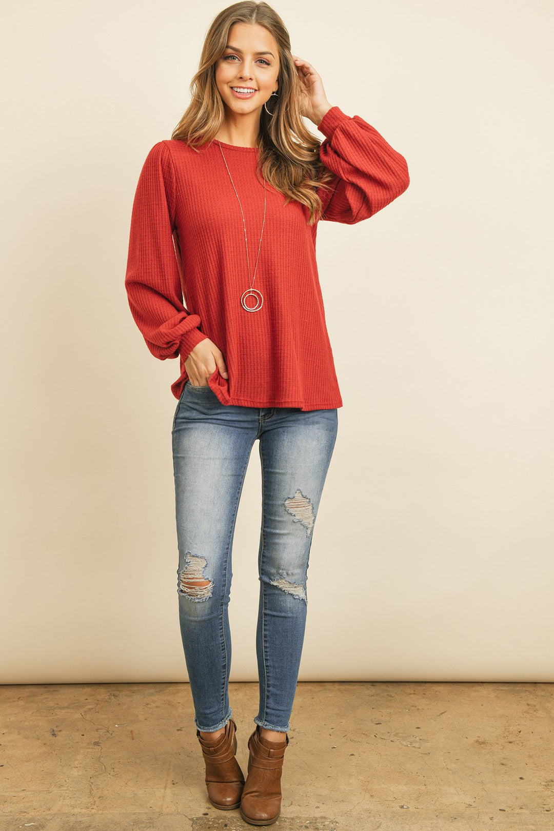 Puff Sleeved Waffle Top