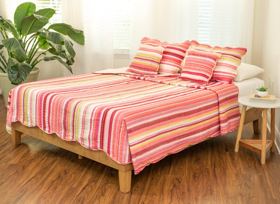 Happy Stunning Stripes Red & Pink Scalloped Coverlet Bedspread Set