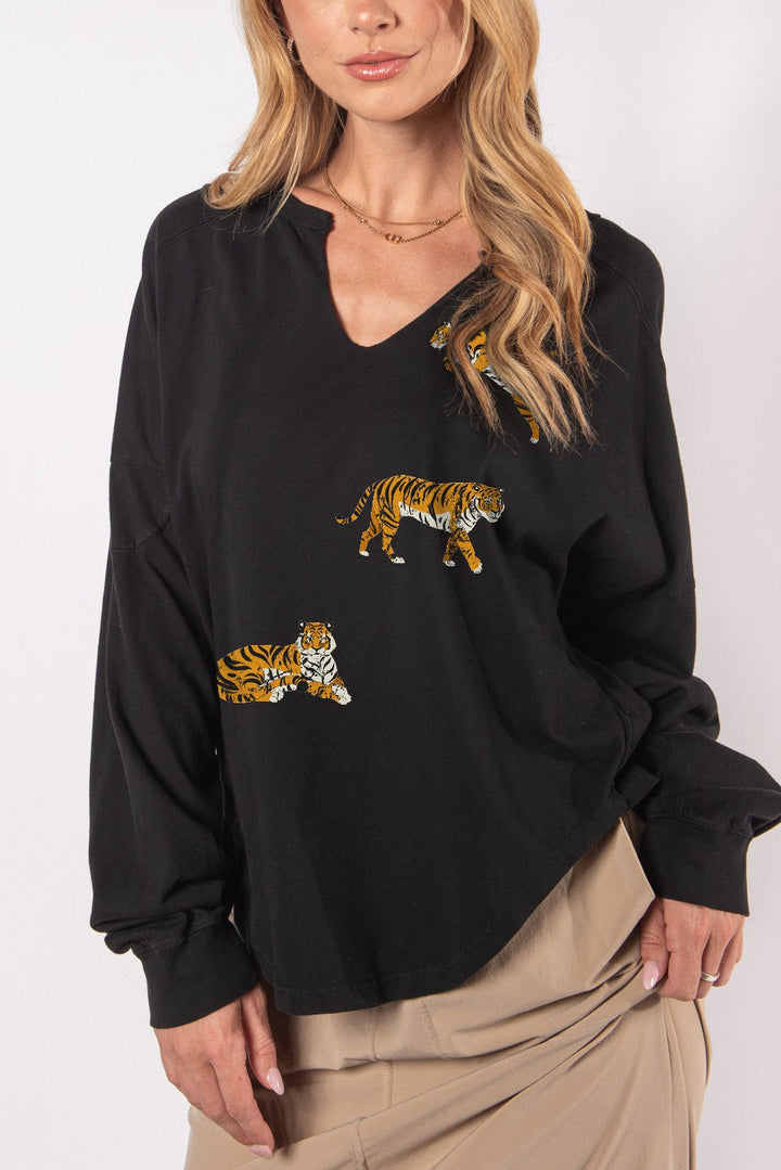 Tigers Washed Oversized Notch Neck Graphic Tee