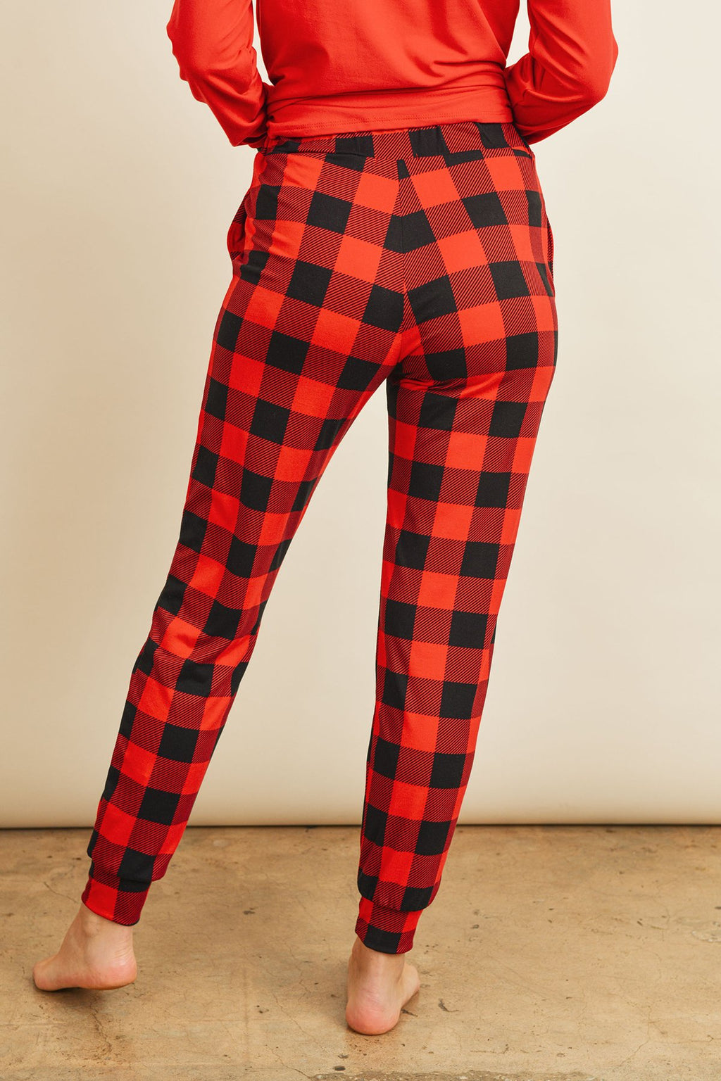 Solid Top and Plaid Joggers Set with Self Tie