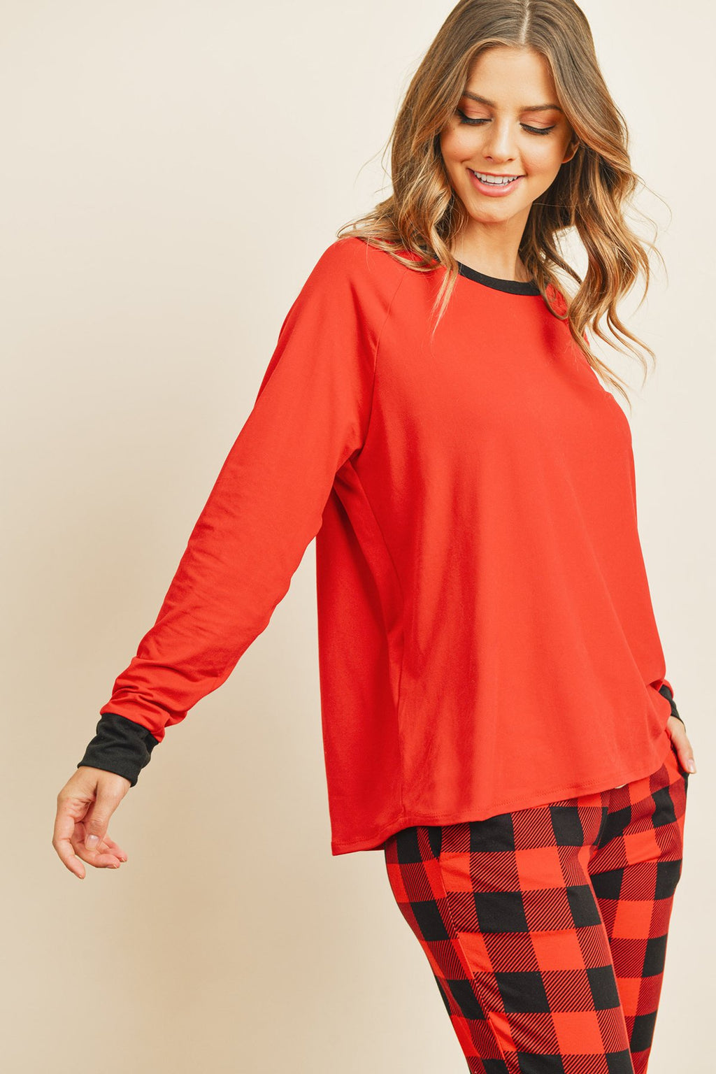 Solid Top and Plaid Joggers Set with Self Tie