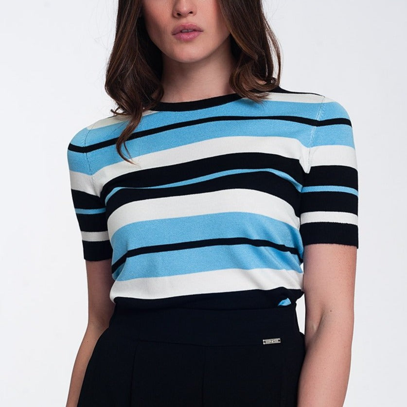 Crew Neck Boxy Jumper With Multi Stripes in Blue