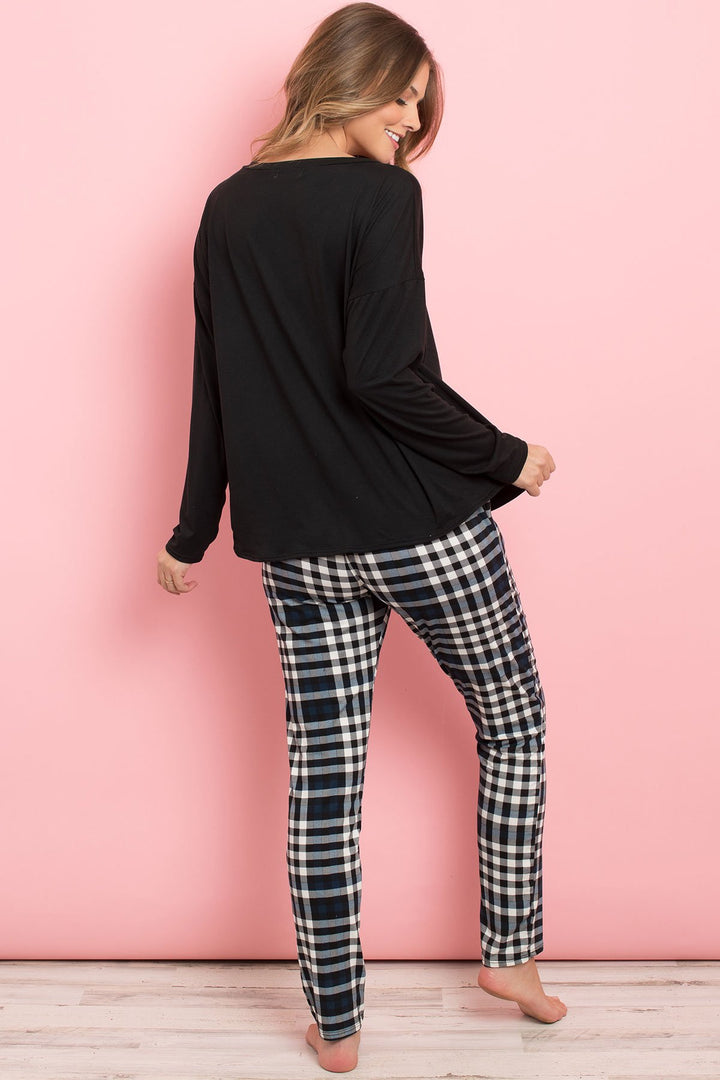 Solid Top Plaid Pocket and Joggers Set with Self Tie