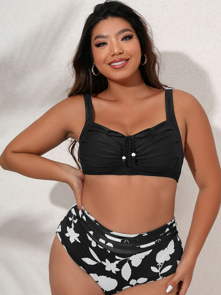 Full Size Printed Gathered Detail Bikini Set