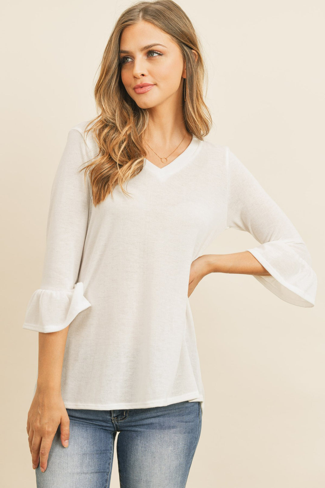 Solid Bell Sleeve V-Neck Top