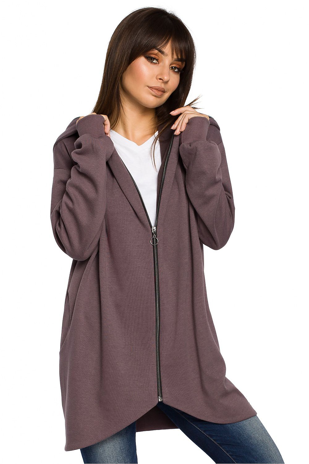 Long Hooded Full Zip Women's Sweatshirt Brown