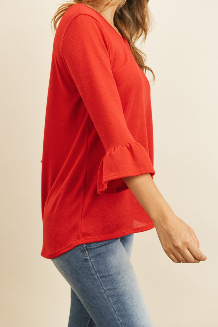 Solid Bell Sleeve V-Neck Top