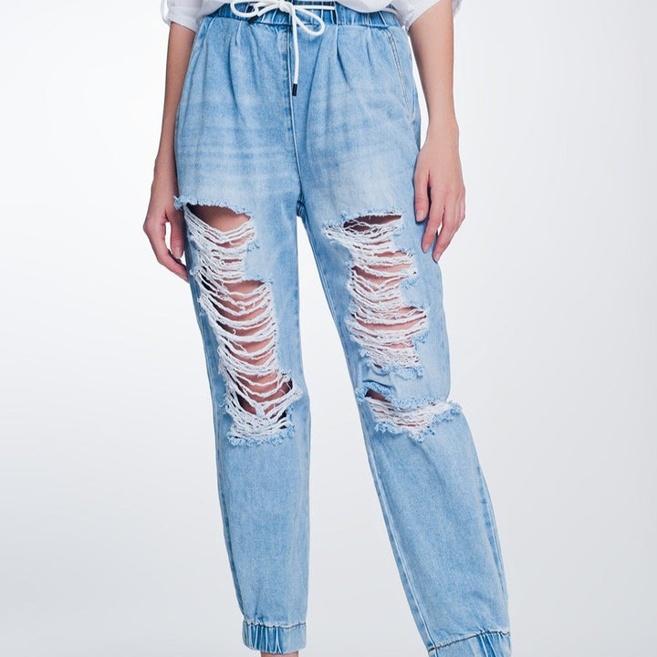 Heavily Ripped Boyfriend Jeans in Light Denim