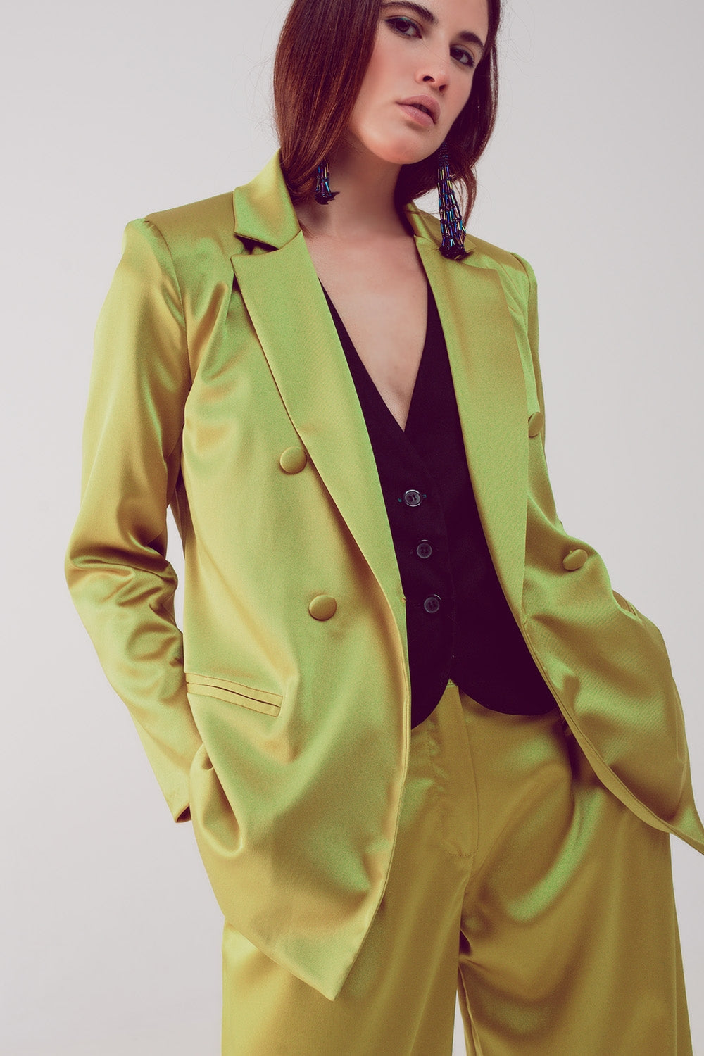 Satin Tailored Double Breast Blazer in Lime