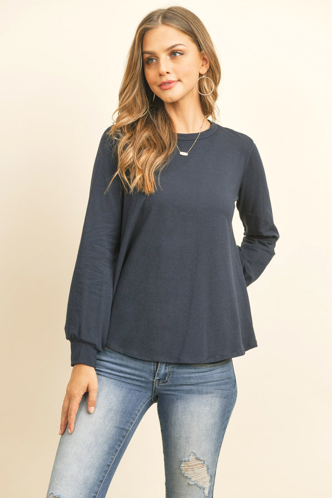 Long Sleeve Round Neck Solid Top