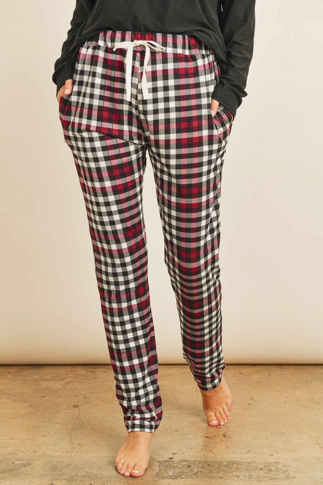 Solid Top Plaid Pocket and Joggers Set with Self Tie