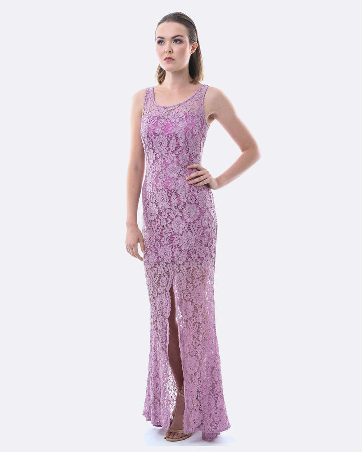 Lace Evening Cocktai Dress with Split Lavender