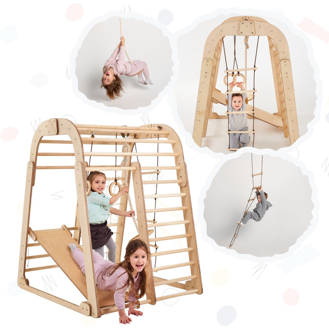 Indoor Wooden 6-in-1 Playground + Swings Set + Slide Board