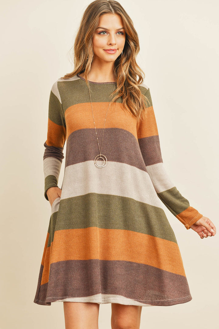 Long Sleeved Rib Stripe Pocket Dress