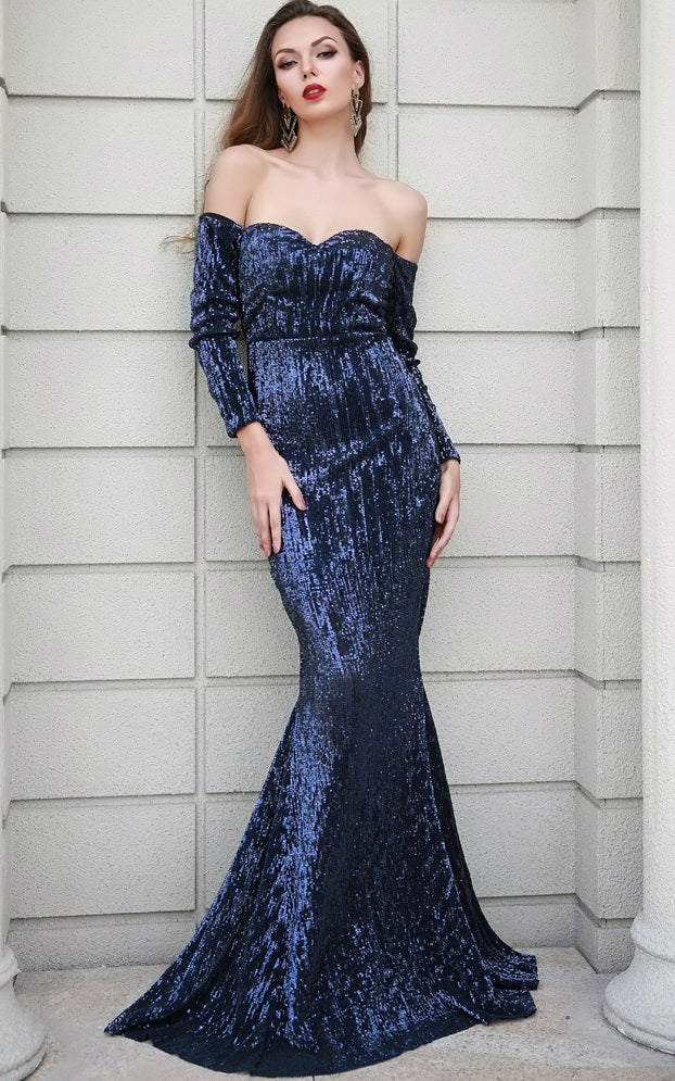 Navy Off Shoulder Sequin Cocktail Gown