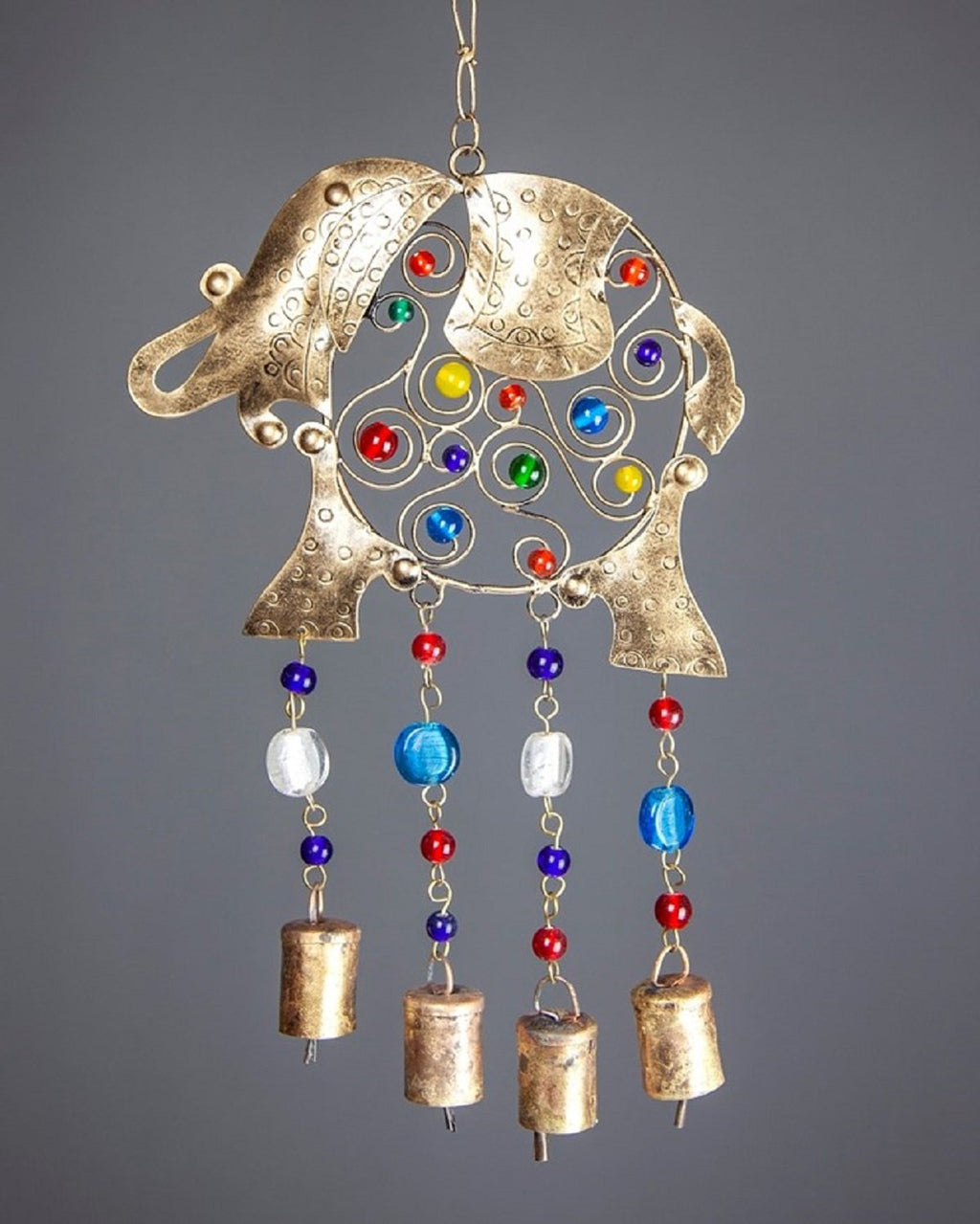Beaded Elephant Colored Glass Brass Bells