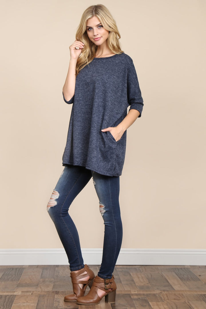 Two Tone Hacci Oversized Dropped Shoulder Pocket Tunic