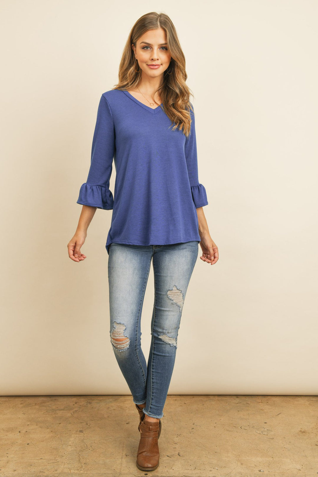 Solid Bell Sleeve V-Neck Top