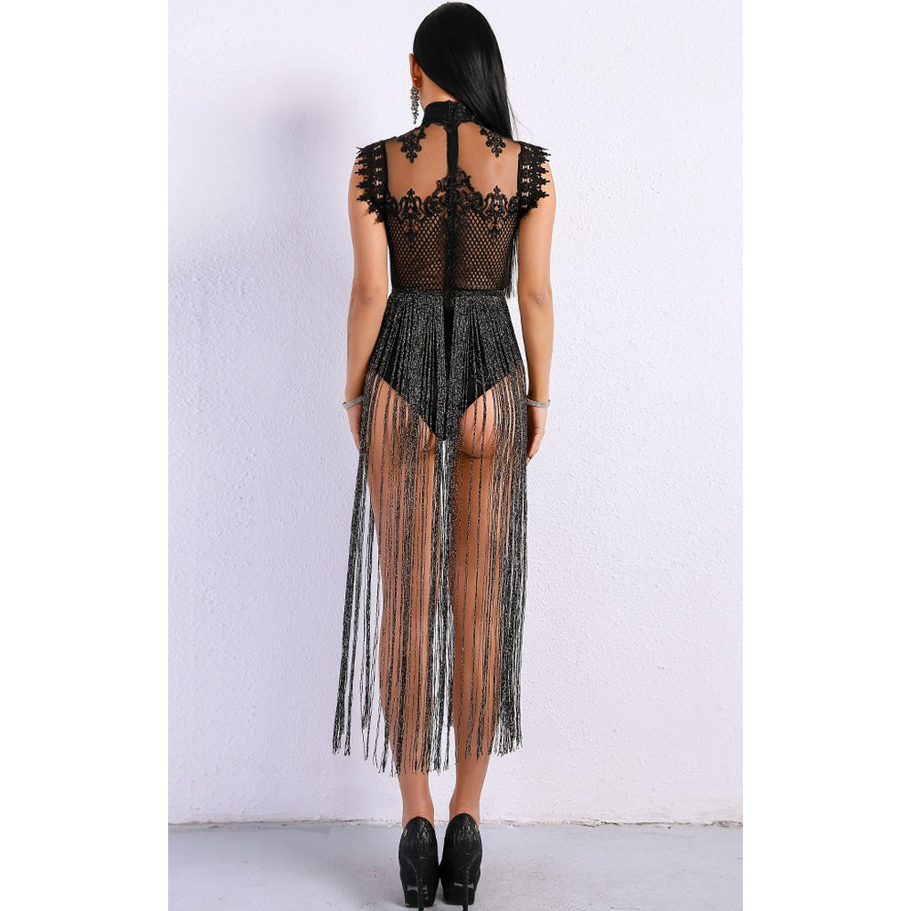 Black Fringe Bodysuit Party Dress