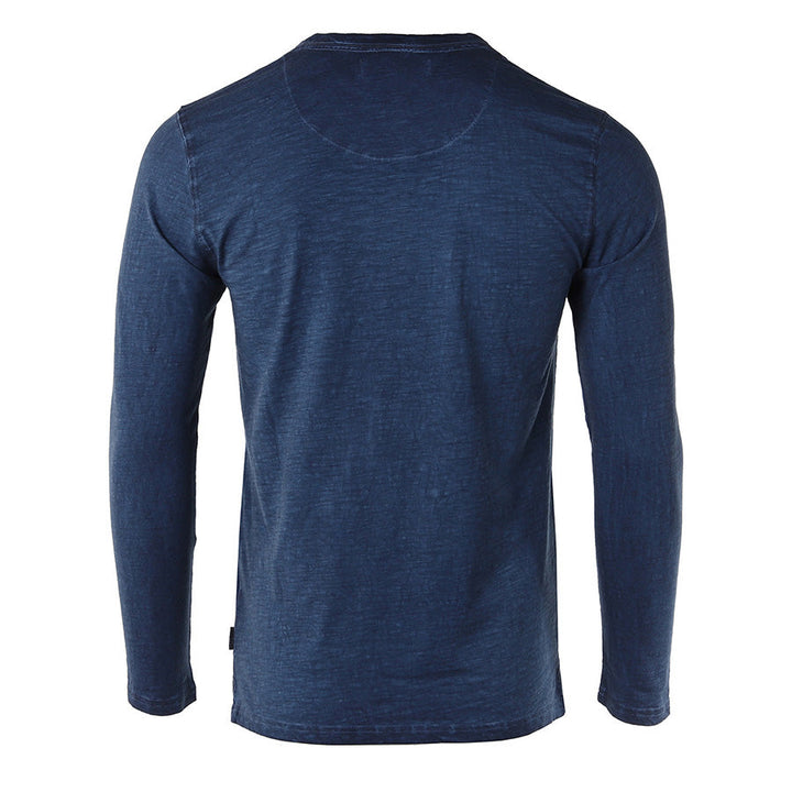 Navy Long Sleeve Crew Neck Oil Wash Vintage Button Henley T-Shirt