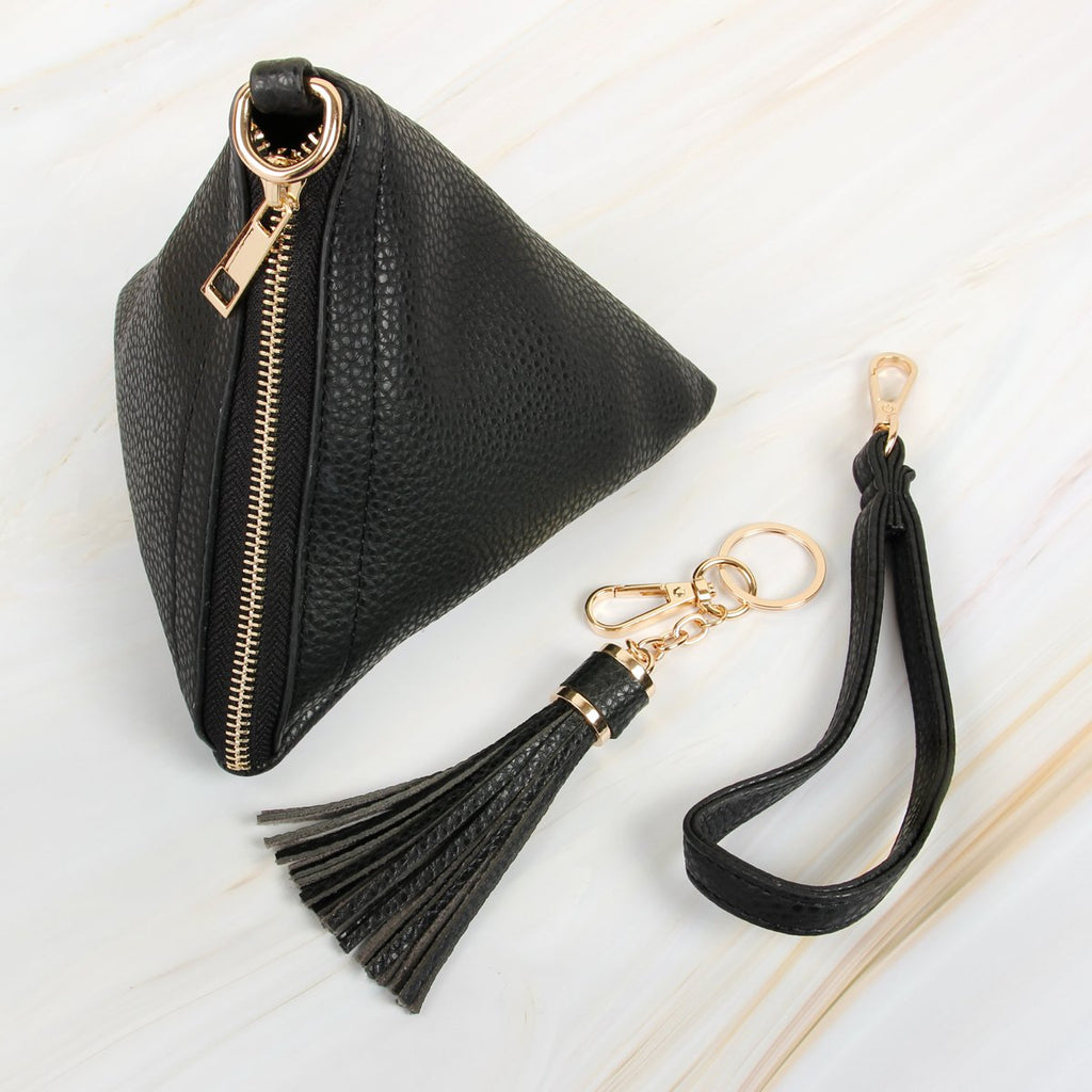 Pyramid Shape Tassel Wristlet Leather Bag