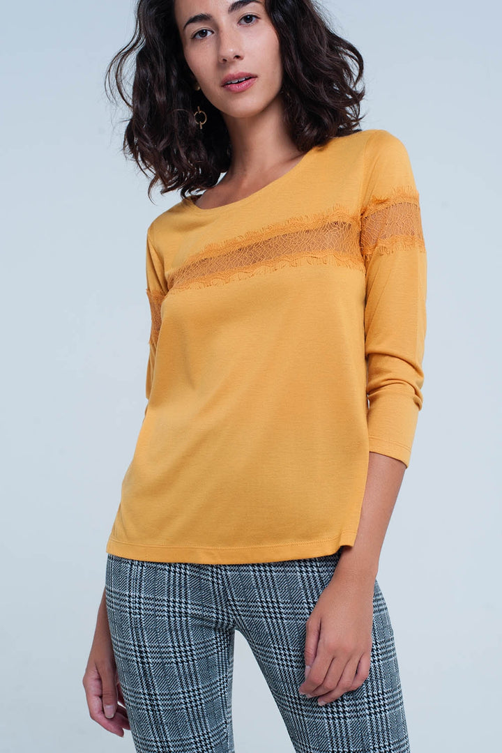 Mustard 3/4 Sleeve T-Shirt with Eyelash Trim