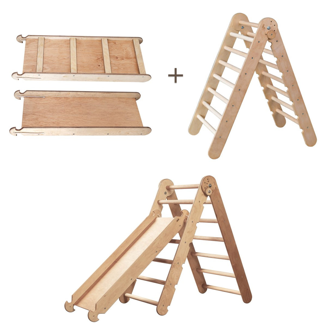 2-in-1 Montessori Climbing Set: Triangle Ladder + Slide Board/Ramp | Beige