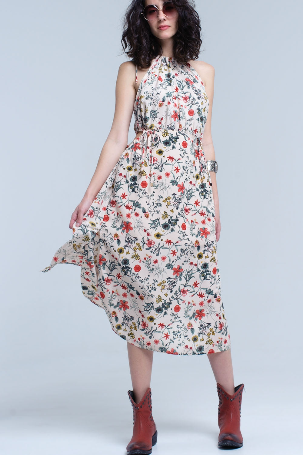 Beige Floral High Neck Cut Out Midi Dress