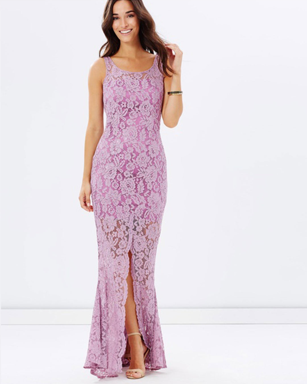 Lace Evening Cocktai Dress with Split Lavender