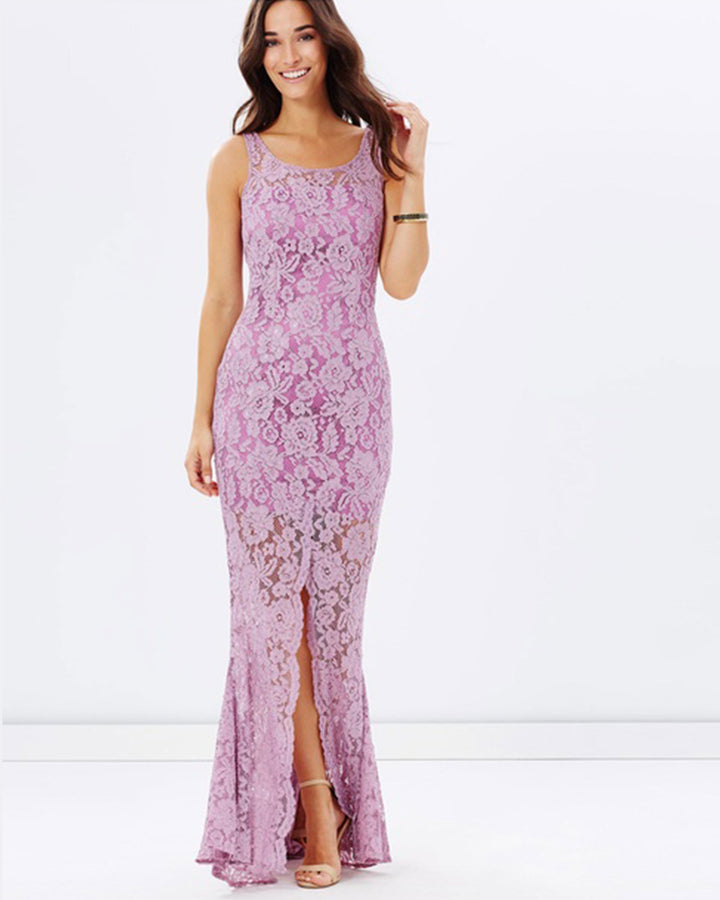 Lace Evening Cocktai Dress with Split Lavender