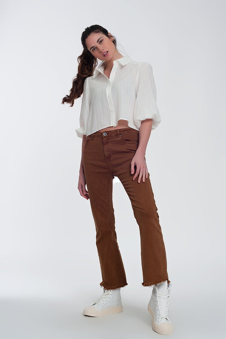 Cropped Blouse Shirt with Puff Sleeve in Cream